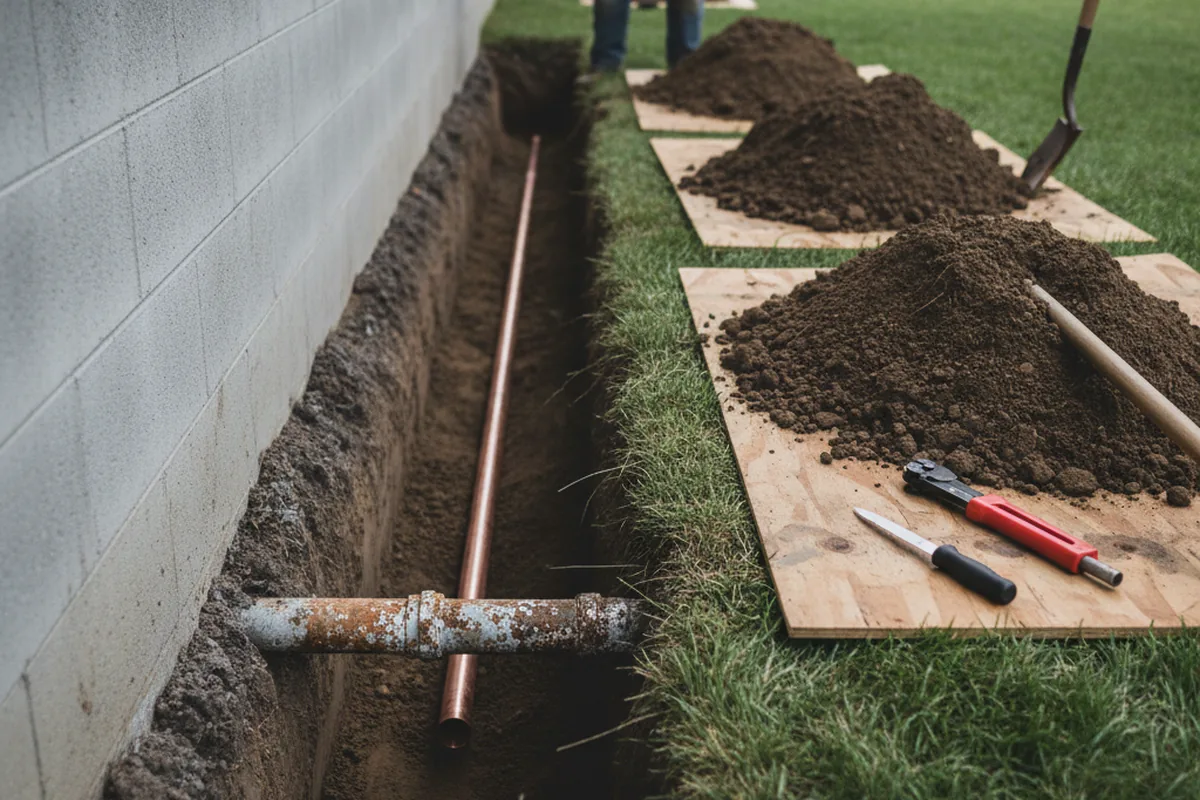 Excavated water line trench during Sewer Line Repair in Fenton